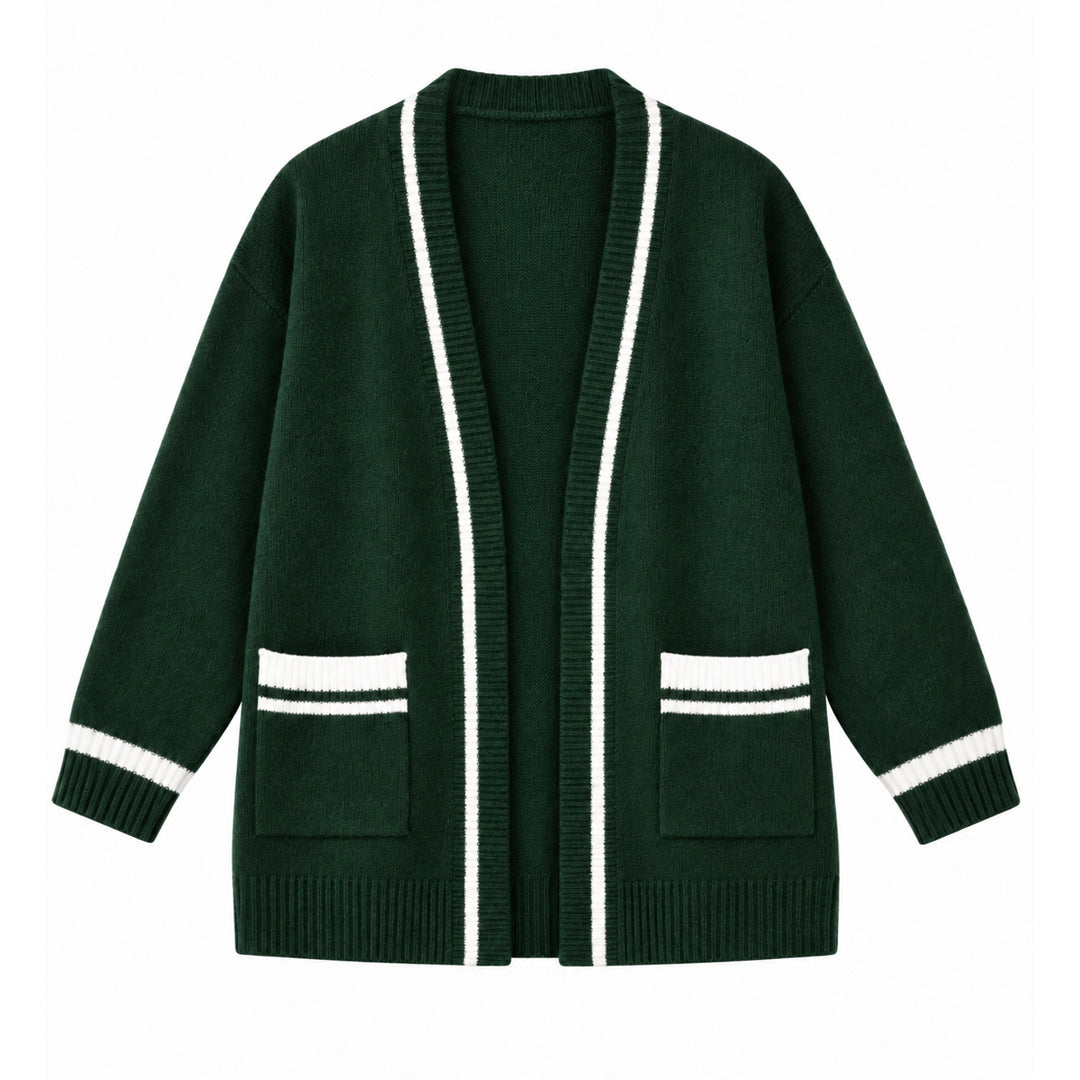 Forest green open-front knit cardigan with white striped trim and ribbed cuffs