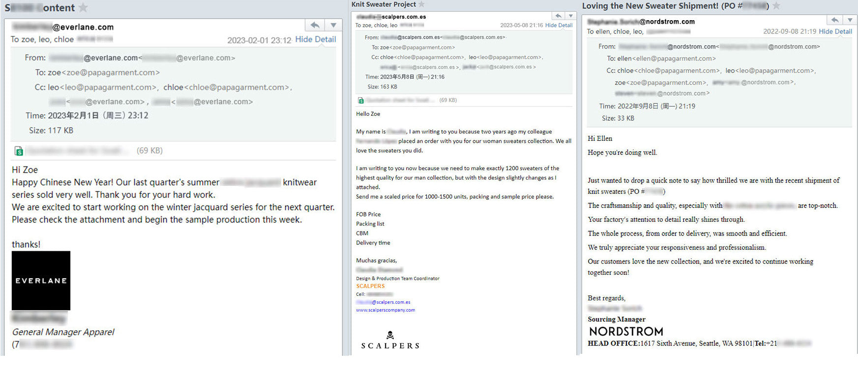 Client feedback highlights our sweater manufacturer expertise, featuring emails from Everlane, Scalpers, and Nordstrom praising our product quality and craftsmanship