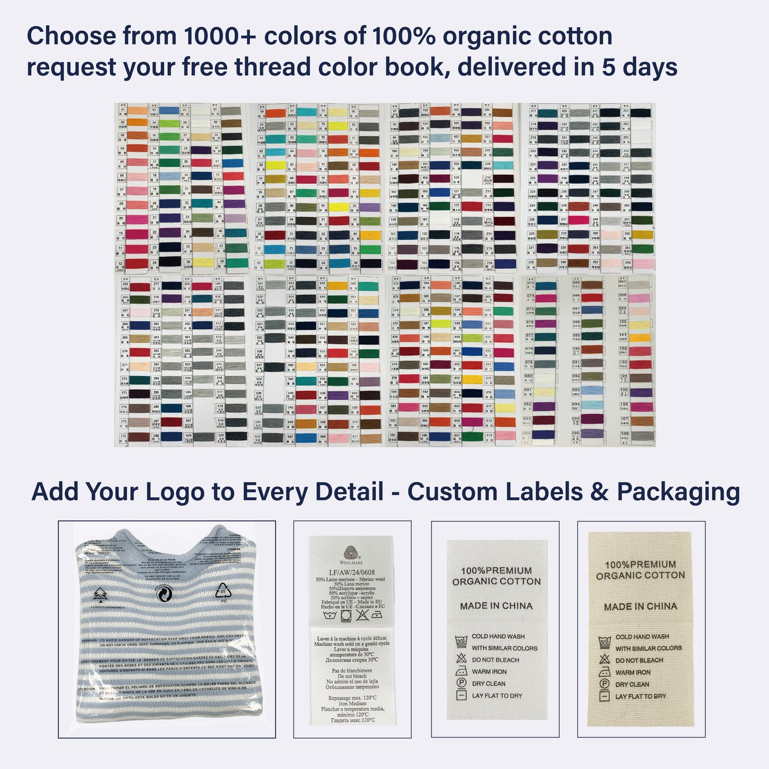 Yarn color book showing over 1000 organic cotton Yarn colors available for custom kids clothing, perfect for boutique businesses
