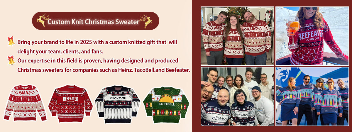Custom knit Christmas sweaters for brands, featuring festive designs for companies like Heinz, TacoBell, and Beefeater