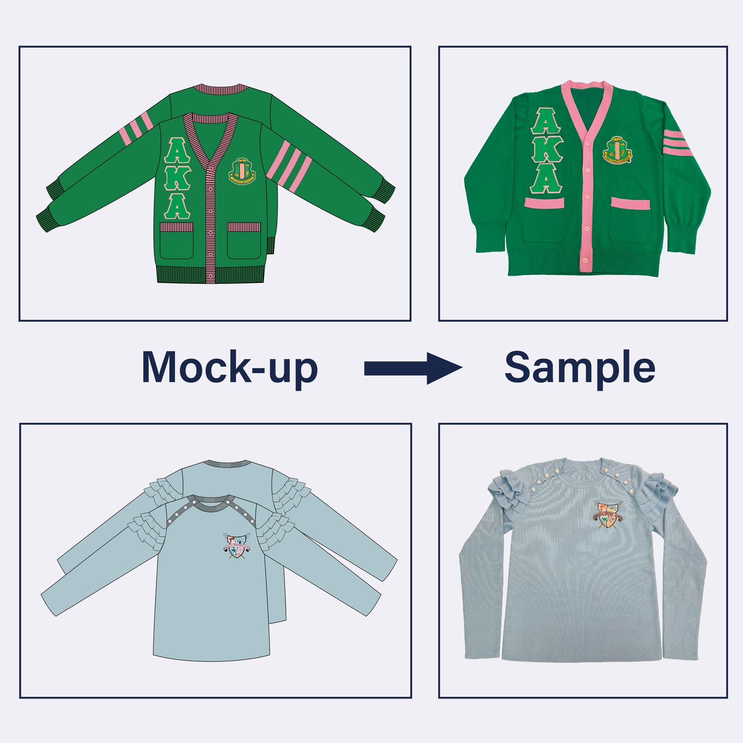 Mock-up vs. sample of custom Greek letter sweaters, featuring intricate designs and vibrant colors