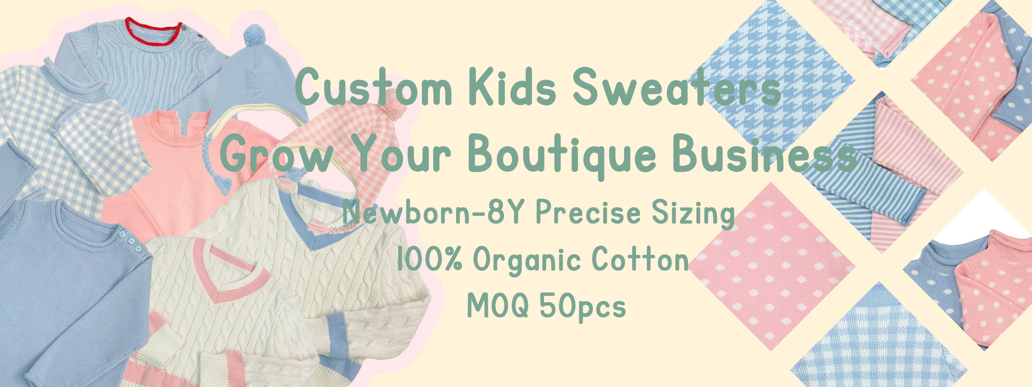 Custom kids sweaters in organic cotton for boutique businesses, showcasing a variety of designs and colors for newborn-12Y, featuring striped, checked, and cable knit patterns. Ideal for bulk orders (MOQ 100pcs), perfect for personalized children’s clothing retailers in the USA.