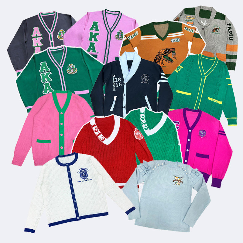 Custom letter cardigans for fraternities, sororities, and school teams, available in various colors and styles