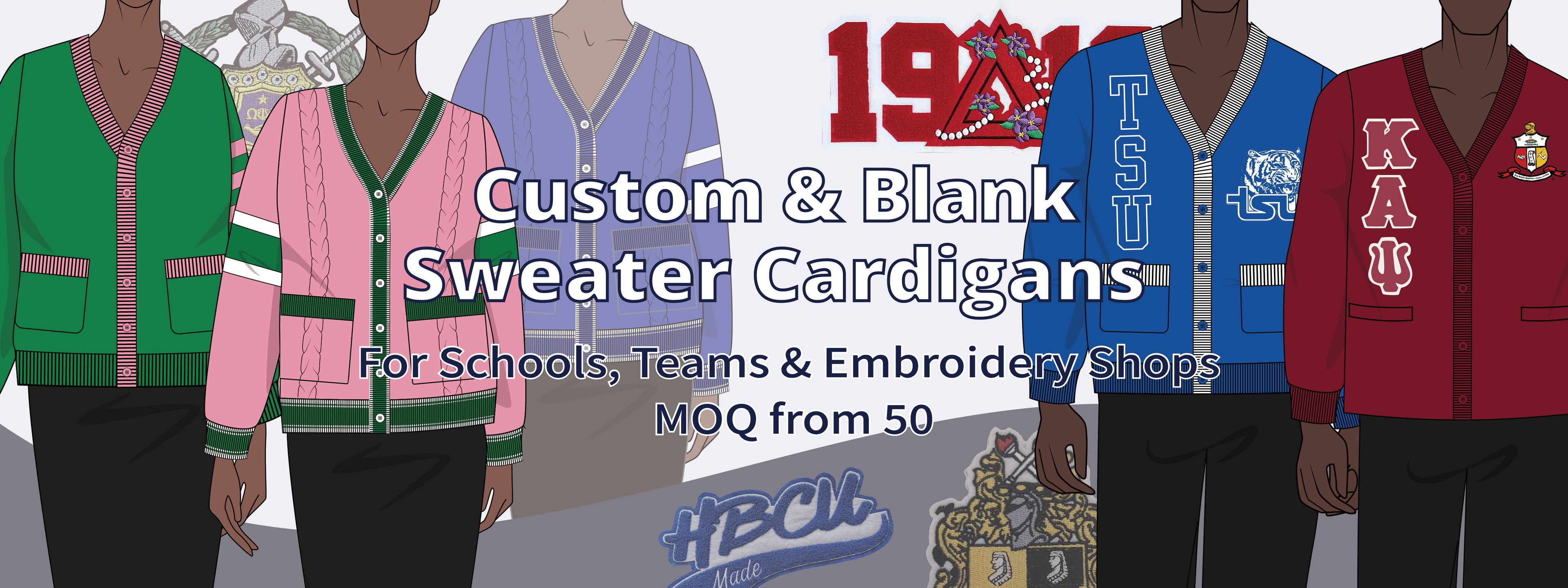 OEM custom sweater manufacturer offering blank and letter cardigans for schools, fraternities, sororities, and embroidery shops with MOQ 50 pieces.