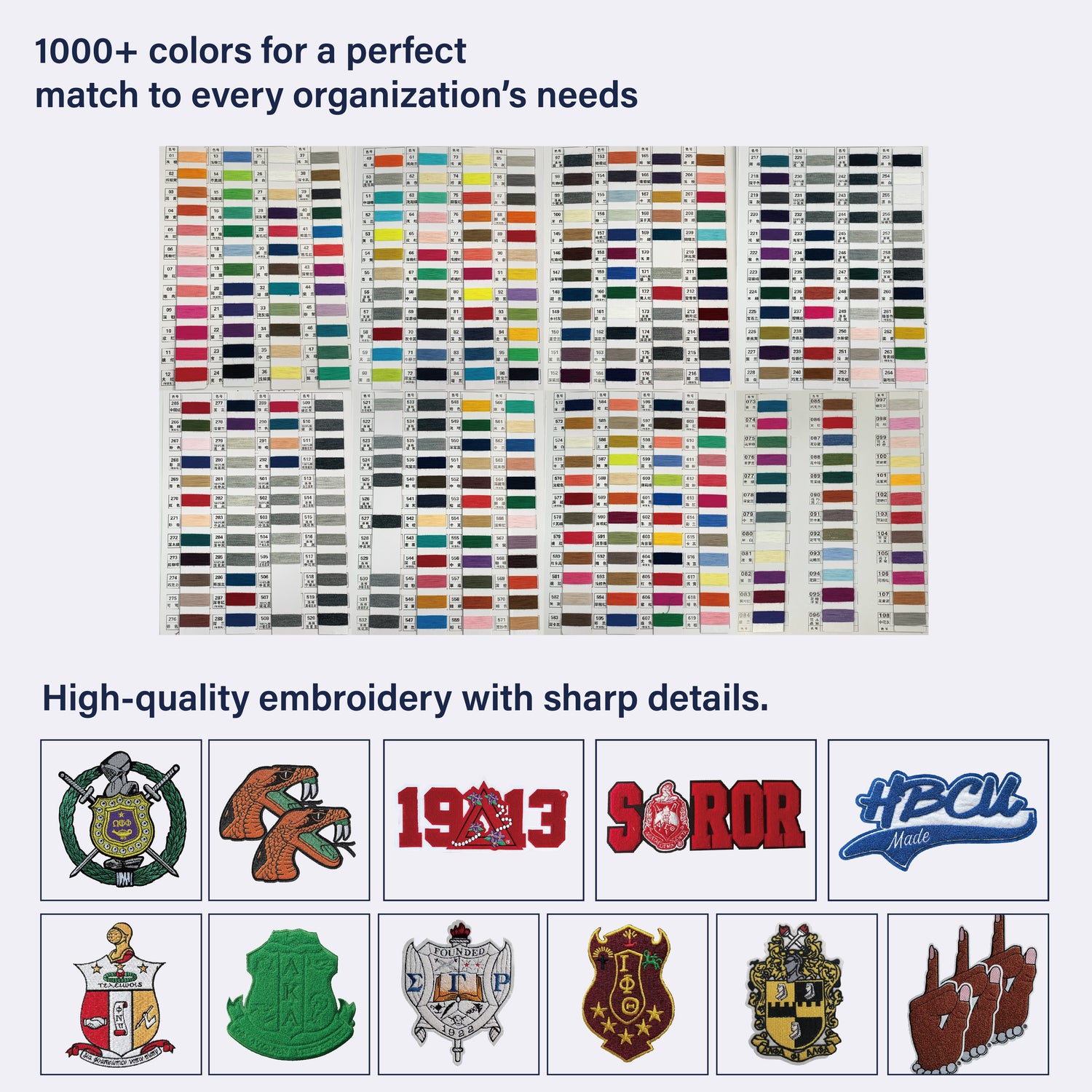 Over 1000 color options for custom Greek letter sweaters with high-quality embroidery, showcasing sharp details