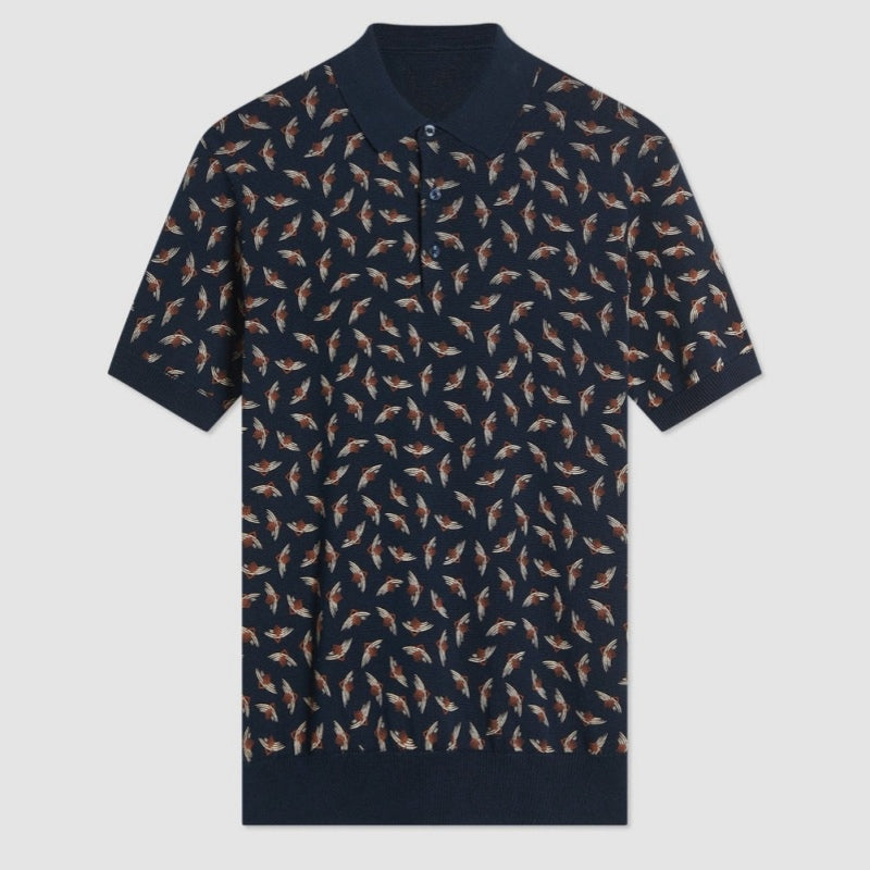 Men's custom 100% cotton jacquard knit polo with bird pattern, short sleeves