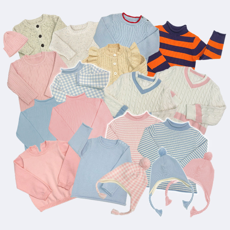 Custom kids sweaters made from 100% organic cotton, featuring a variety of styles like striped, cable-knit, and checked designs. Available in newborn to 8Y sizes, perfect for boutique businesses. Fast turnaround with bulk orders in 7-14 days and sample delivery within 3 days. Ideal for personalized children's clothing retailers.