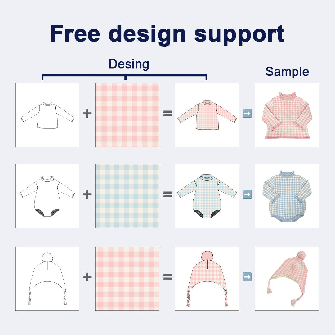 Free design support for custom kids knitwear – from sketch to fabric pattern to finished baby sweater, romper, and hat samples by OEM manufacturer.