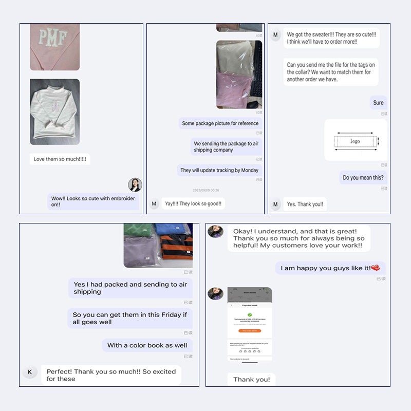Customer testimonials for custom kids sweaters showing positive feedback on embroidered designs, packaging, and fast shipping for boutique orders