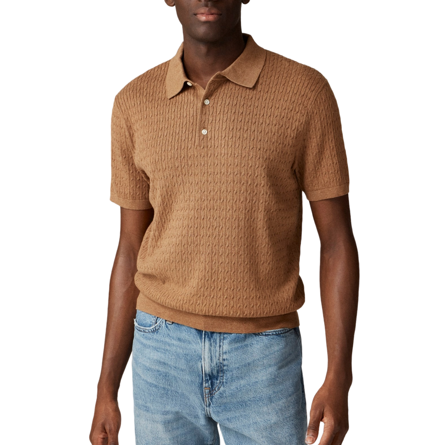 Close-up front view of a custom 100% cotton solid knit polo shirt with logo button design, worn by a model, highlighting the collar and button details.