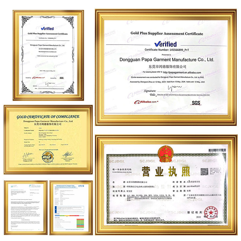 Certifications of Dongguan Papa Garment, including Gold Plus Supplier, SGS group audit, and compliance certifications, ensuring high-quality, environmentally friendly production