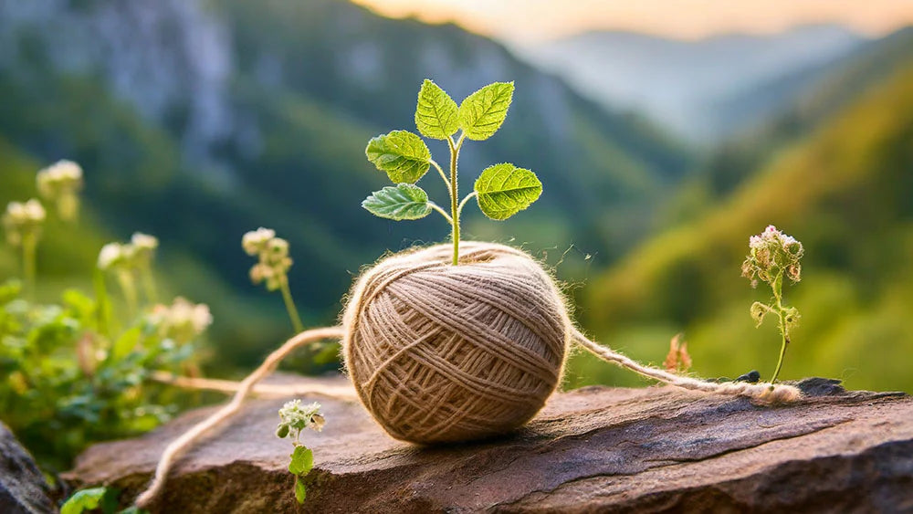 Sustainable knitting material with a sprouting plant, representing eco-friendly practices in custom sweater production