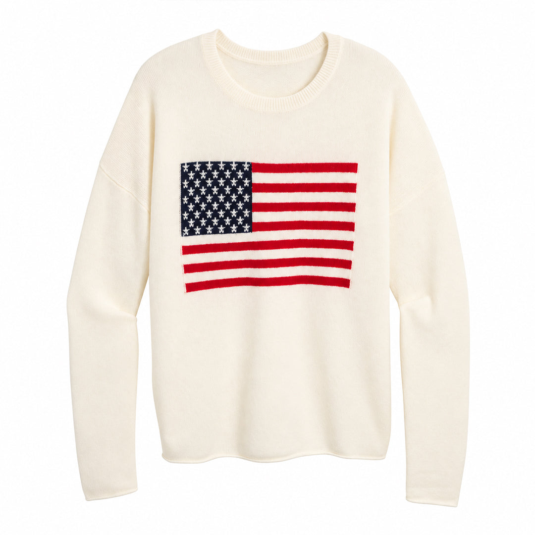 Front flat lay of cream crew neck sweater with American flag motif