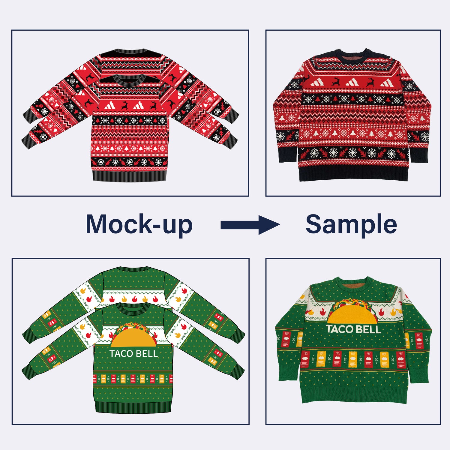 Mock-up vs. final sample of custom Christmas sweaters for corporate holiday gifts, featuring festive designs and brand customization