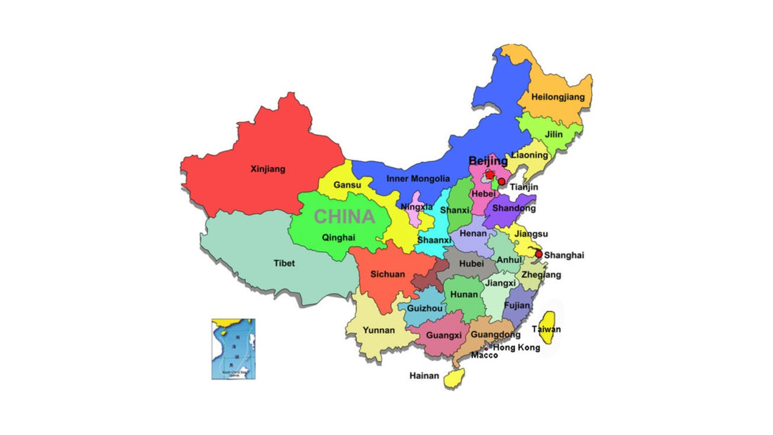 A map of China showing the country's provinces and major regions.