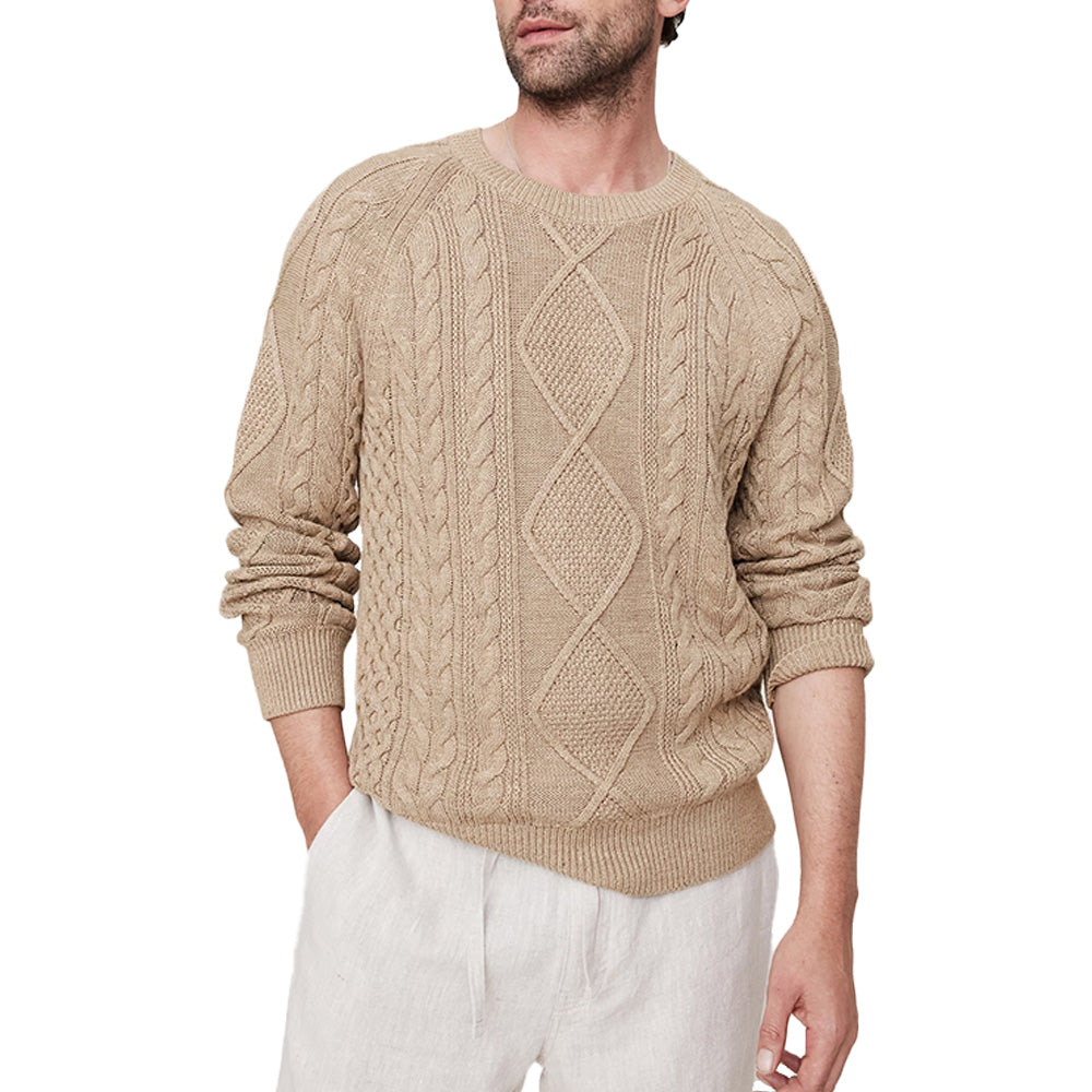 Premium beige knitted men’s sweater with diamond cable pattern from OEM/ODM men sweater manufacturer in China
