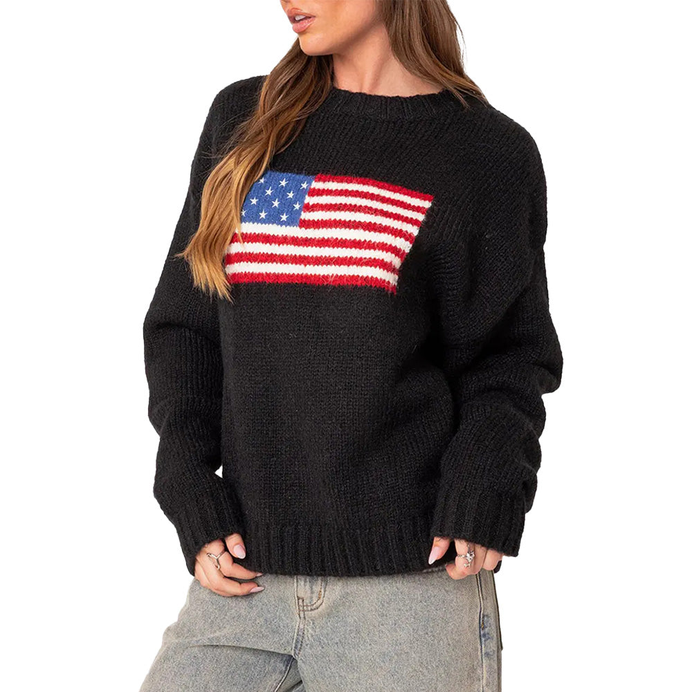 Black knitted women’s sweater with American flag design – OEM/ODM women sweater manufacturer from China