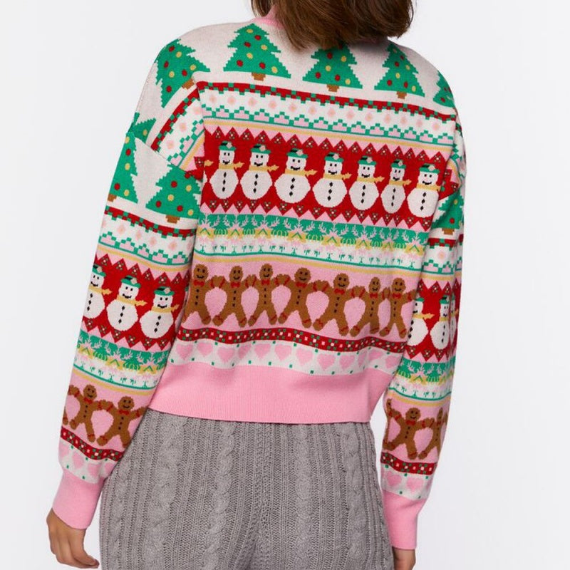 "custom-crewneck-100-cotton-vintage-knit-christmas-sweater-back."Back view of a custom crewneck 100% cotton vintage knit Christmas sweater with colorful festive design featuring snowmen, gingerbread men, and Christmas trees by PAPAGARMENT