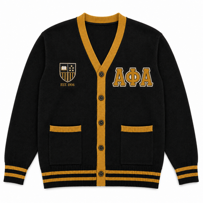 1.Alpha Phi Alpha black and old gold knit cardigan front view 
