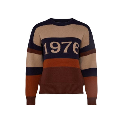 Flat lay of a custom 1976 wool-cashmere blend striped sweater in beige, navy, orange, and brown.