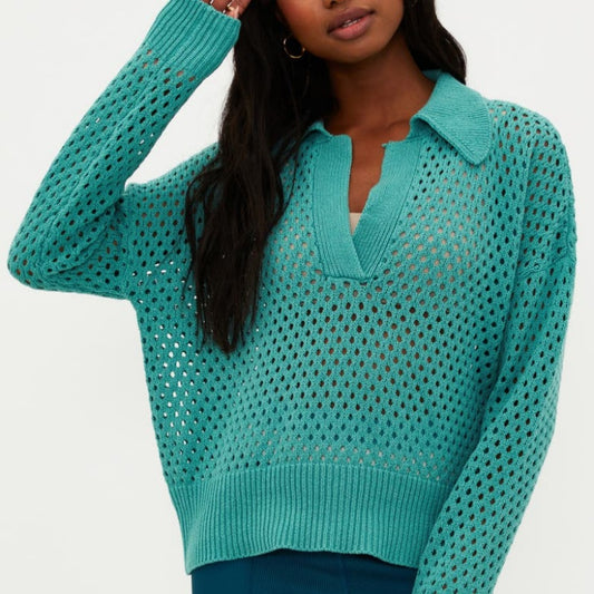 Custom Wool Blend V-neck Hollow Out Women’s Knitted Sweater in Turquoise - Front View
