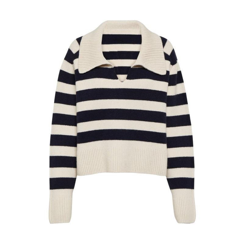 Custom long sleeve polo collar striped knitted sweater for women in navy and white
