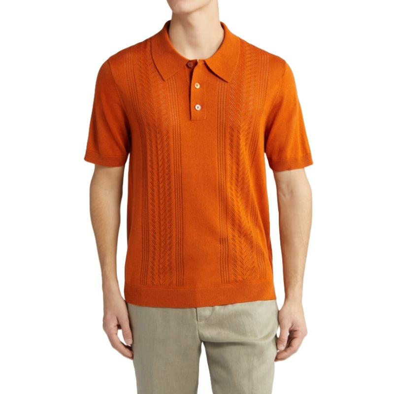 Men's Custom Woolen Blend Knit Polo in vibrant orange, short sleeve - front view