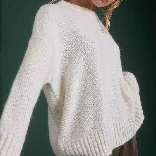 Custom Crew Neck Wool Blend Women’s Knitted Sweater in Ivory White - Front View