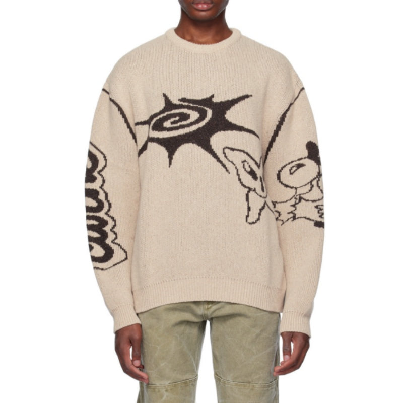 Front view of Men's Wool Blend Crew Neck Sweater with tribal design in natural and black colors.