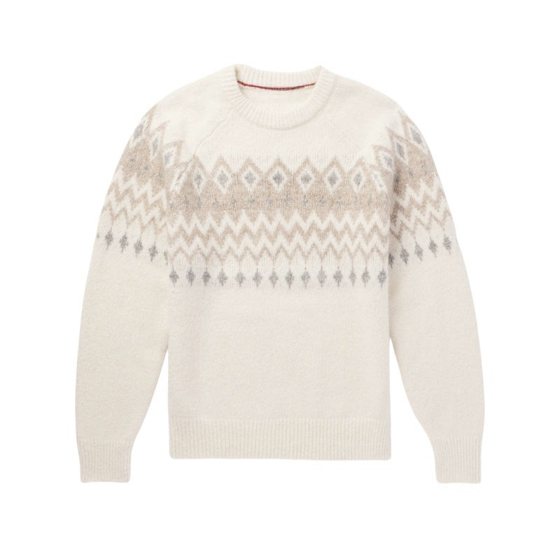 Off-white cotton jacquard knitted sweater for men, featuring a crew neck and intricate grey geometric patterns on the upper part