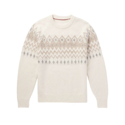 Off-white cotton jacquard knitted sweater for men, featuring a crew neck and intricate grey geometric patterns on the upper part