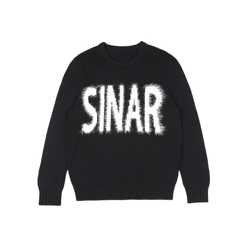 Custom black crew neck knitted sweater with white SINAR lettering front view