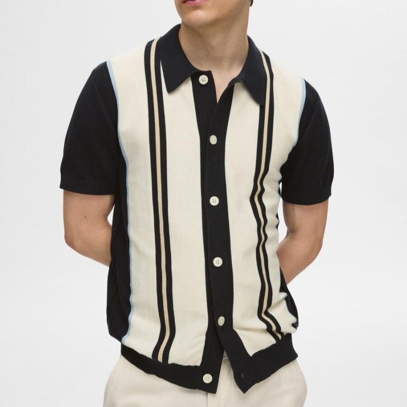 Model wearing Custom Striped Short Sleeve Woolen Knit Polo in black and cream - Men's OEM/ODM Knitwear