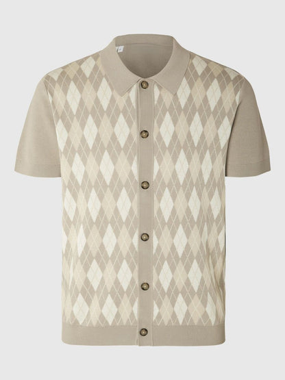 Custom Casual Men's Short Sleeve Argyle Knit Polo in beige and cream - OEM/ODM Knitwear front view
