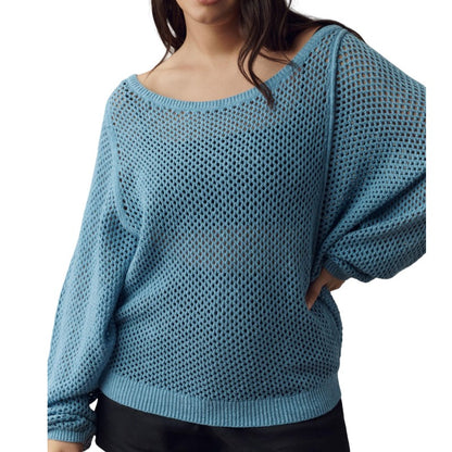 Custom Linen Crew Neck Hollow Out Women’s Knitted Sweater - Front View in Blue