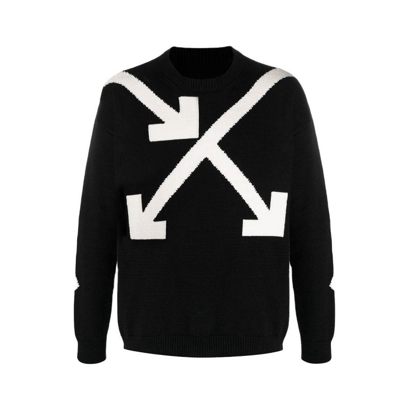 Black and white men's custom jacquard knit sweater with directional arrow design