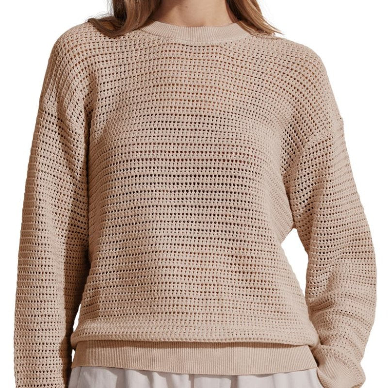 Custom Linen O-neck Hollow Out Women’s Knitted Sweater in Beige - Front View