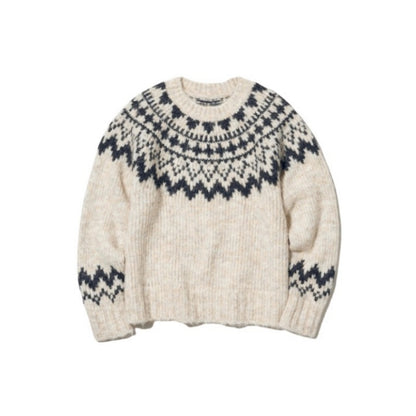 Custom traditional wool sweater for women with intricate knitted patterns in natural and gray tones