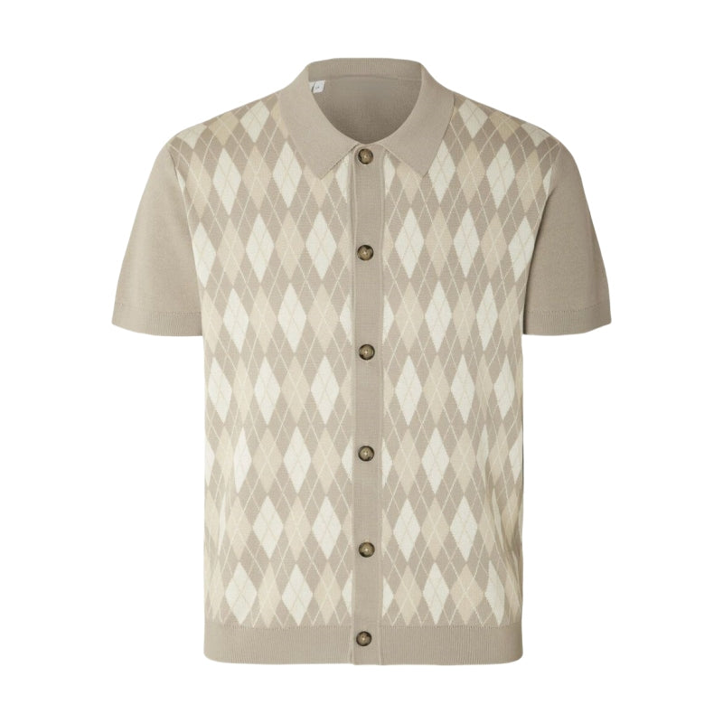 Custom Casual Men's Short Sleeve Argyle Knit Polo in beige and cream - OEM/ODM Knitwear front view