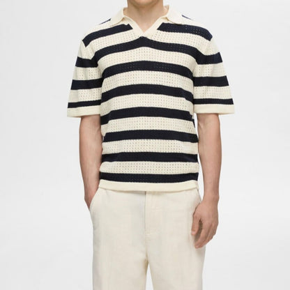 Model displaying the Knitted Polo Collar Striped OEM/ODM Men's Sweater, showing fit and style.