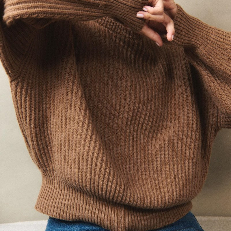 Front view of Custom Crew Neck Wool Blend Women’s Knitted Sweater in brown