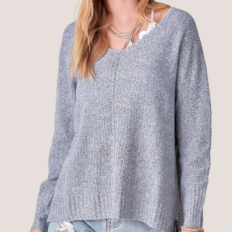 Front view of Custom V-neck Wool Blend High Quality Women’s Knitted Sweater in gray