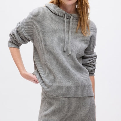 Custom Wool Blend Hooded Long Sleeve Women’s Knitted Sweater - Modeled View
