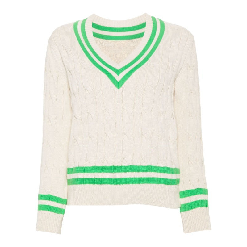 Custom 100% cotton V-neck sweater in off-white with green stripes on the neckline and hem.
