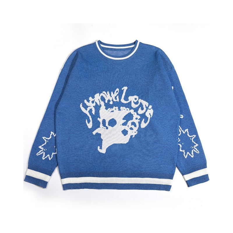 Blue Men's Custom Jacquard Knitted Sweater with crew neck and unique pattern front view