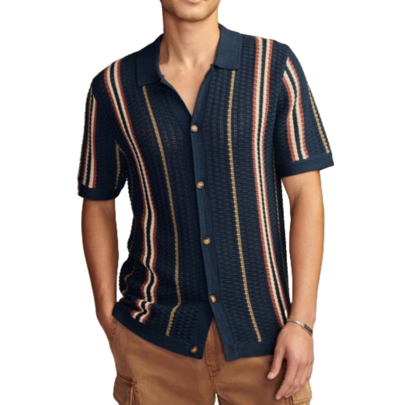 Front view of custom short sleeve polo collar striped men's knitwear