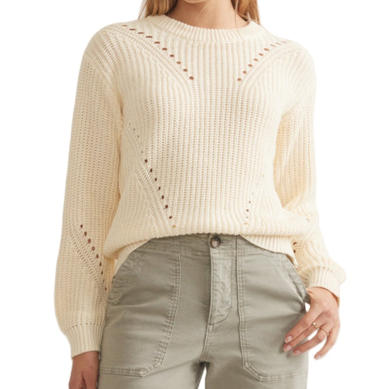 Elegant wool cashmere blend women's crew neck sweater in cream, with detailed knit patterns