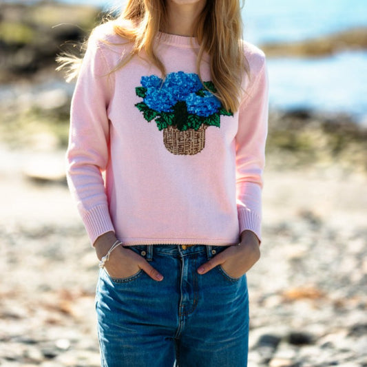 Custom Wool Blend Crew Neck Pullover Women’s Knitted Sweater - Modeled View with Floral Embroidery