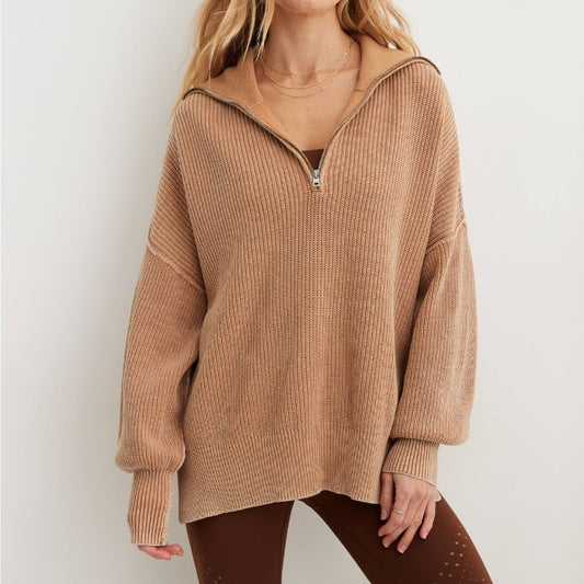 Custom Turn-down Collar Wool Blend Women’s Knitted Sweater in Camel Brown - Front View