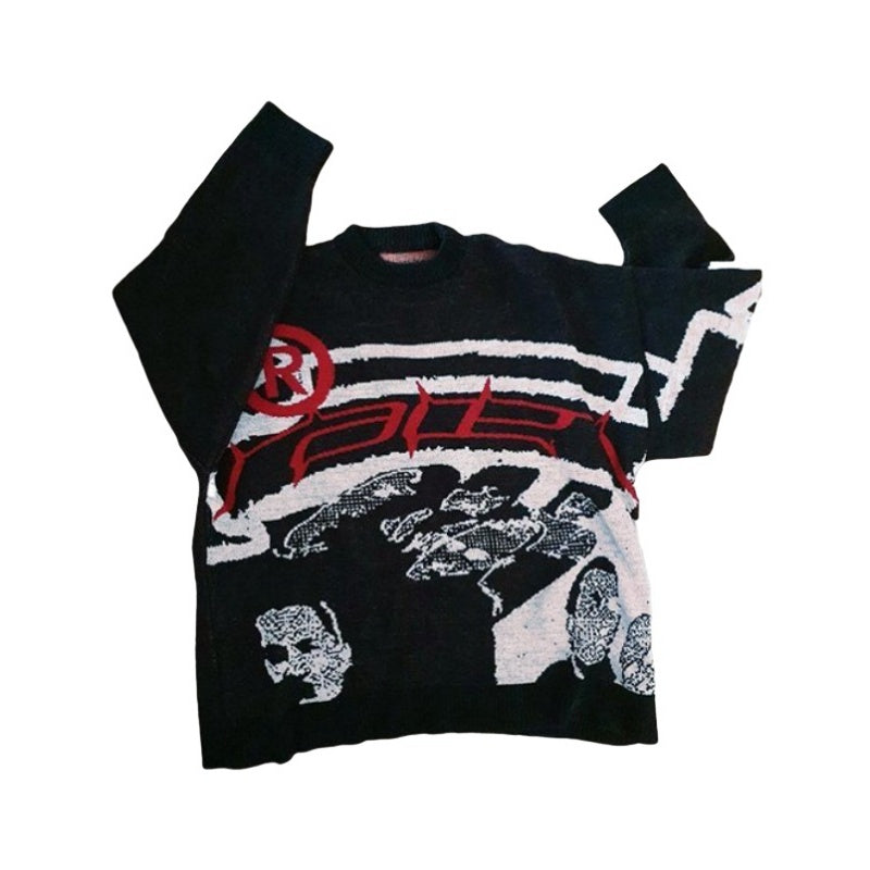 Wholesale Custom Men Knit Sweater Thick Jacquard Graffiti Round Neck Pullover Cotton Blend